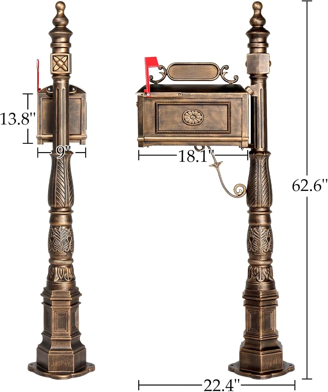 Cast Aluminum Mailbox, Barcelona Decorative Post Mailbox, Rust-Proof Large Security Heavy Duty Mailbox (Bronze)