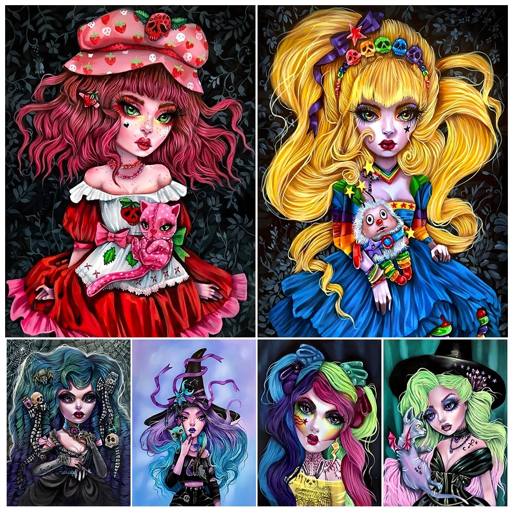 

Cute Witch And Bat Cat Wall Art Canvas Painting Dark Gothic Girl With Colorful Hair Art Poster And Print Home Decor Unframed