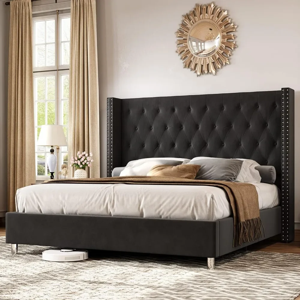 

Queen Size Bed Frame, Upholstered Beds Velvet Low Profile Platform Beds with Raised Wingback Headboard, Queen Size Bed Frame