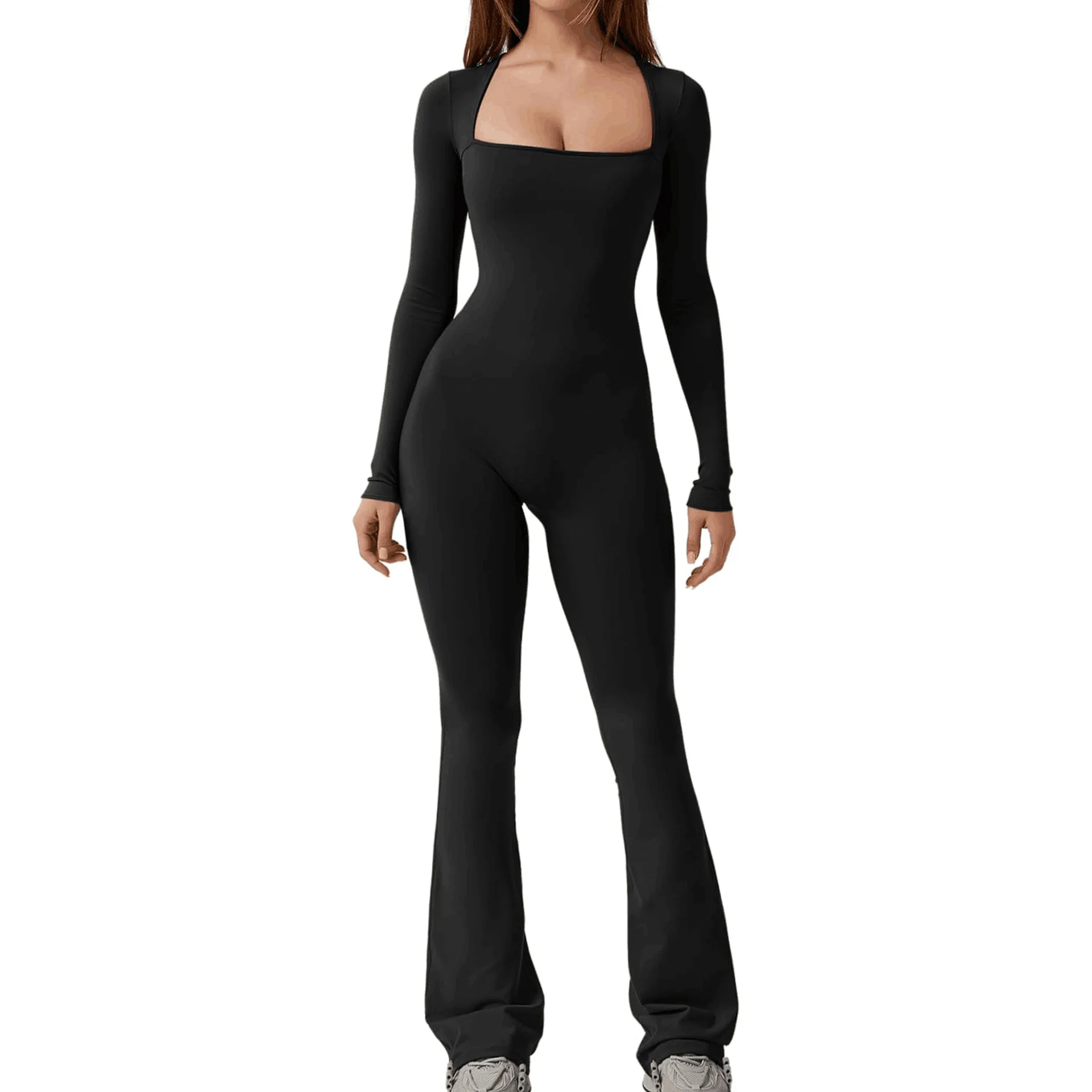 Women Jumpsuit Solid Sexy Slim Square Collar Long Sleeve Jumpsuit Female Stretchy Flare Pants Bodycon Rompers Fashion Streetwear