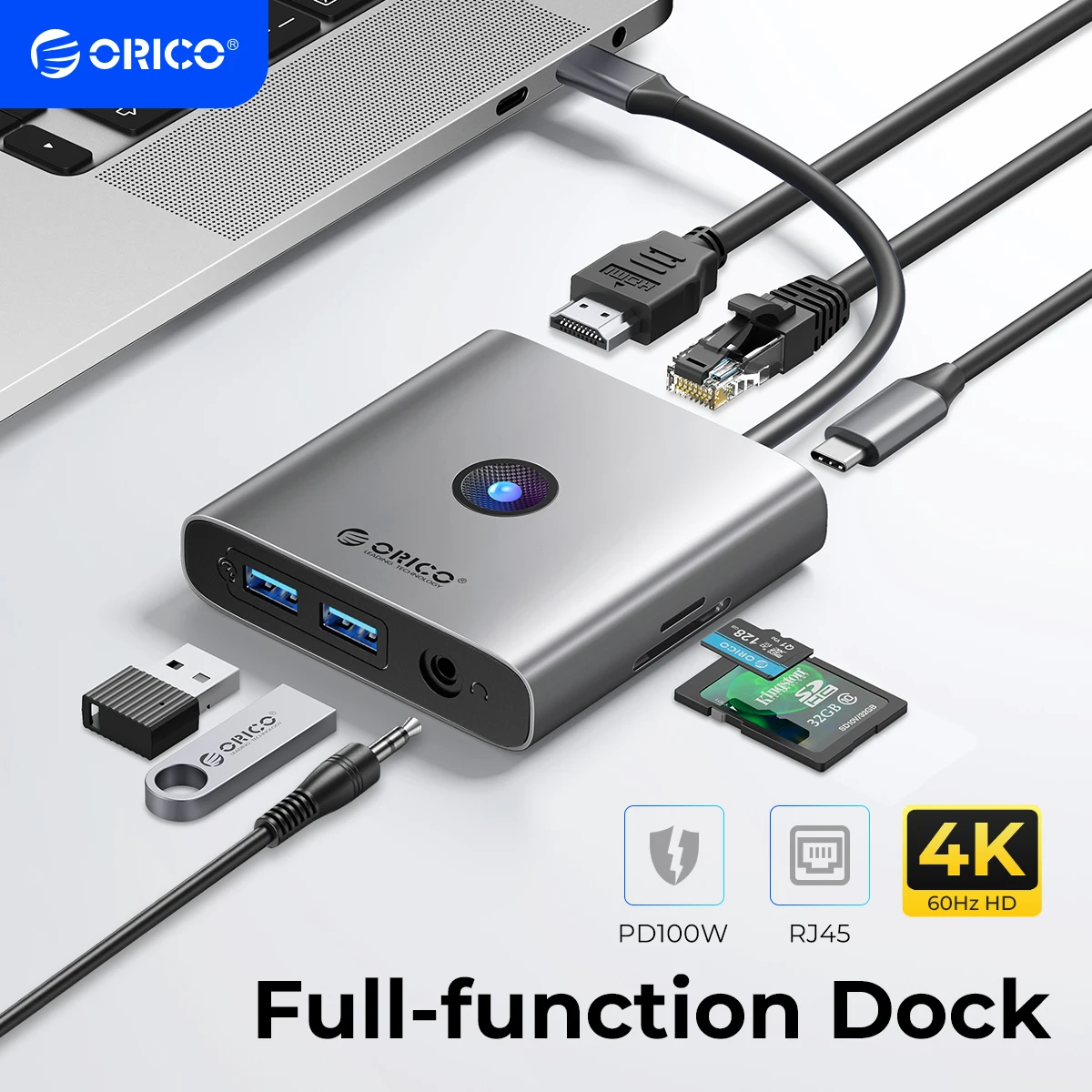 Adaptador Hub Orico-usb 3.0 tipo c para 4k60hz Estação de Ancoragem Compatível com Hdmi Rj45 pd Divisor para Macbook Ipad Acessórios para Laptop