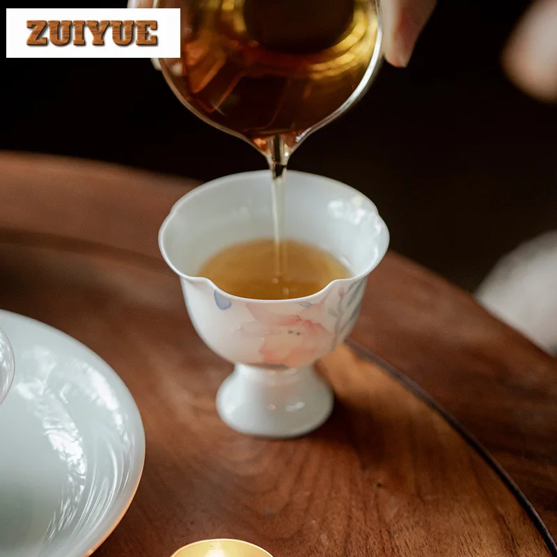 2pc/lot Japanese Hand Drawn Lily High Footed Teacup Ancient Flower Mouth Tea Bowl Cup For Tea Personal Cup Chazhan Mug 75ml