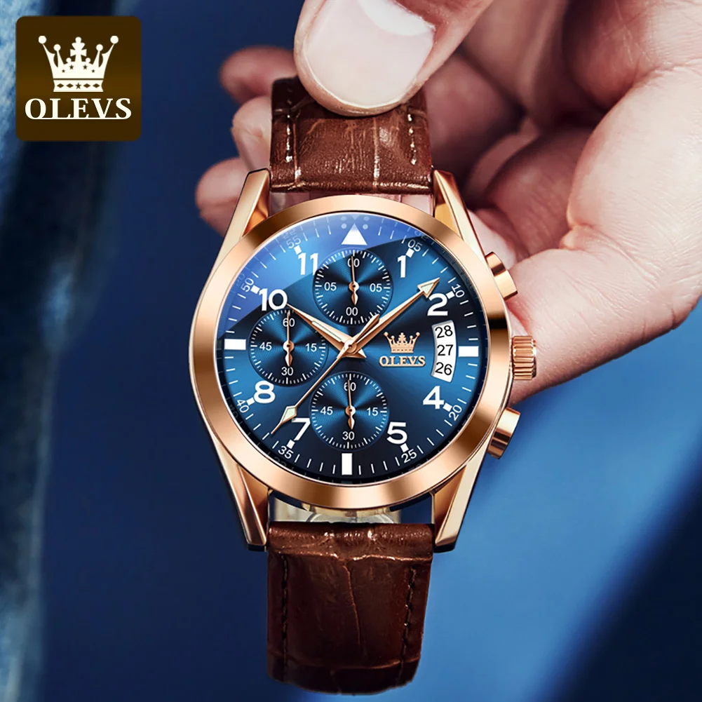 OLEVS Luxury Brand Quartz Watch Leather Strap Calendar Men's Watch Waterproof Luminous Original Authentic Chronograph Male Watch