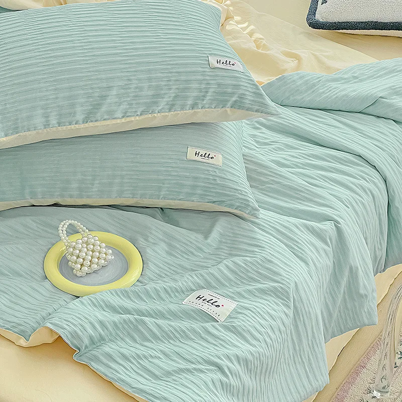 Korean Style Seersucker Washed Cotton Summer Quilt Four-Piece Set Bare Sleeping Quilt Summer Blanket Airable Cover summer quilt,summer quilt set,bed comforter