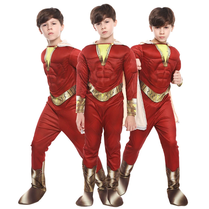 Shazam Superhero Costume For Kids Boy Muscle Captain Cosplay Jumpsuit Halloween Carnival Party