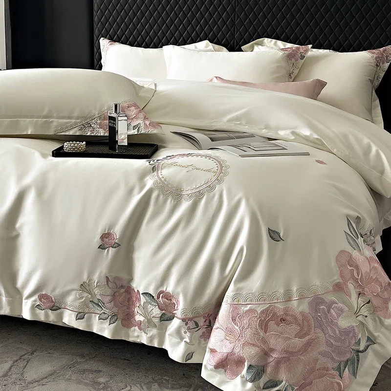 

Luxury Floral Embroidery Bedding Set 1000TC Egyptian Cotton Soft Duvet Cover Set Flat/Fitted Bed Sheet Pillowcases Home Textile
