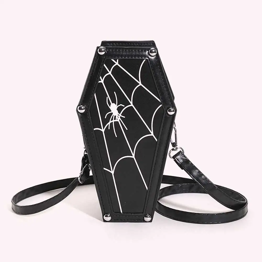Women Novelty Sling Bag PU Leather Coffin Cosplay Cosmetic Bag Adjustable Strap Halloween Gift for Female