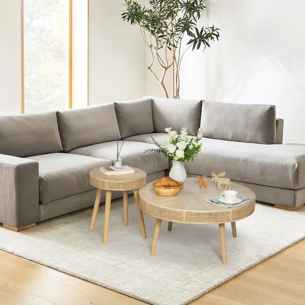 Farmhouse Round Coffee Table 2Pack, Rustic Sofa Side Tea Tables Nesting Center Table Set with Handmade Rattan for Living Room 4