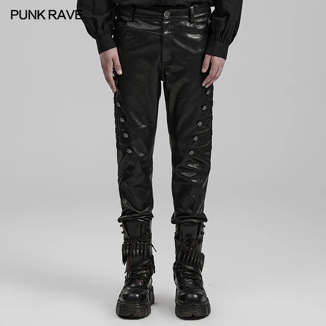 PUNK RAVE Men's Punk Suede with Random Pattern PU Leather Pants  Personalized Cool Handsome Black Trousers