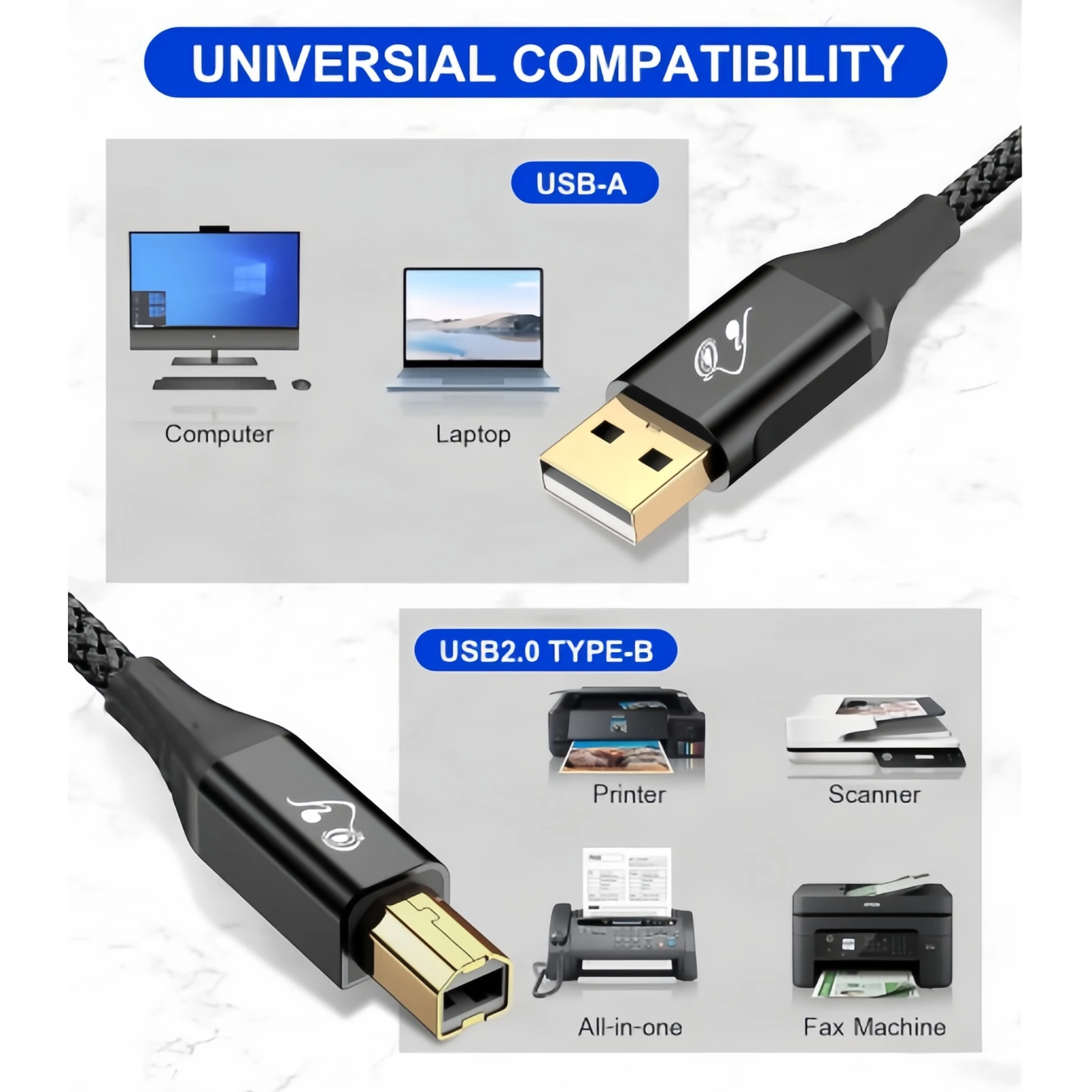 Durable USB Type-A to Type-B Cable with Gold-Plated Connectors and 480 Mbps Transfer Speed