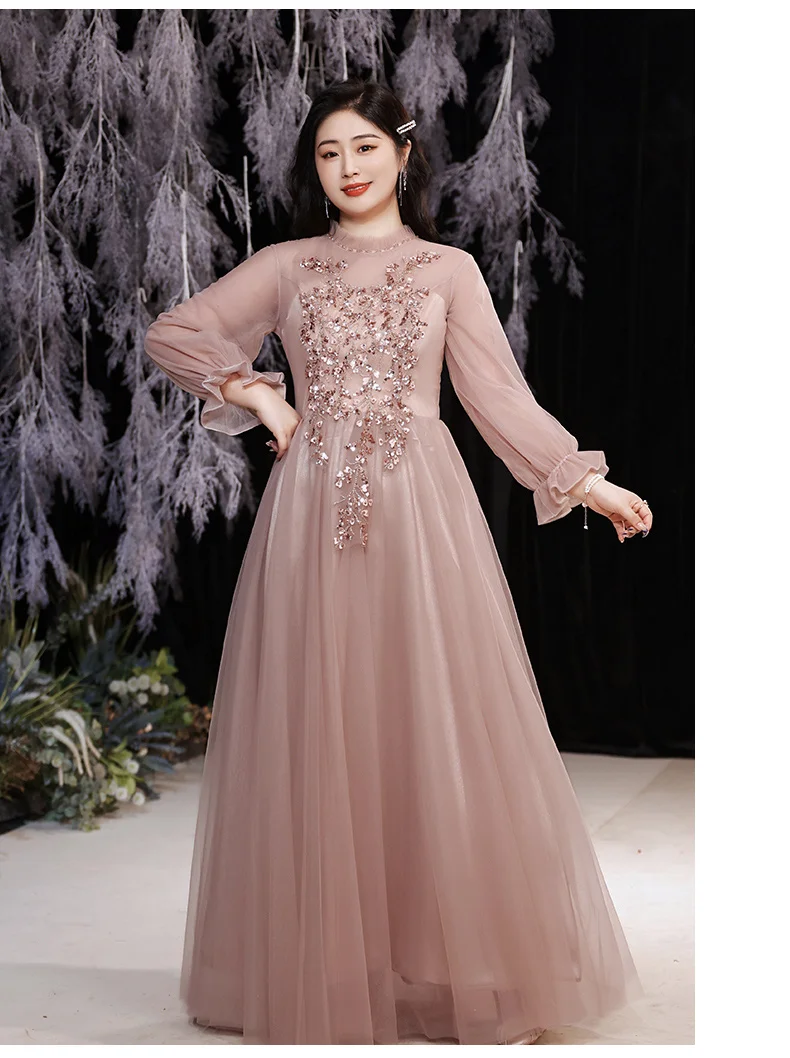 long sleeve maxi dress formal Evening Dresses For Women Elegant O-Neck A-Line Floor-Length Tulle Long Sleeve Prom Gowns With Appliques long sleeve maxi dress formal