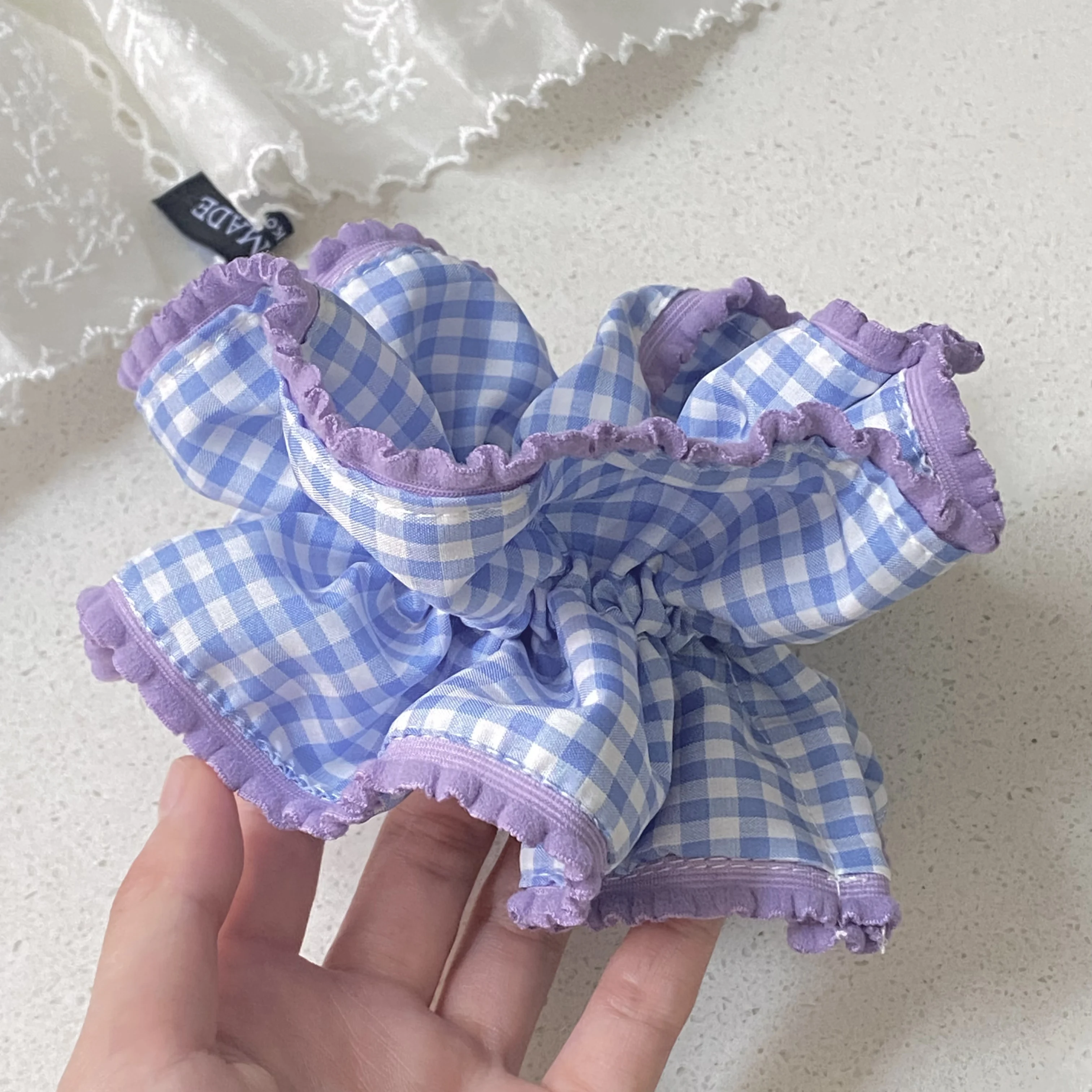 1PC  Blue And White Plaid Scrunchie With Purple Ruffle Trim, Cute Hair Accessory For Women, Stylish Hair Tie For Daily