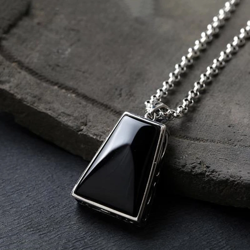 Original design geometric black agate pendant necklace retro domineering creative men and women charm brand silver jewelry pendant necklace silver necklace silver pendant silver necklace charms