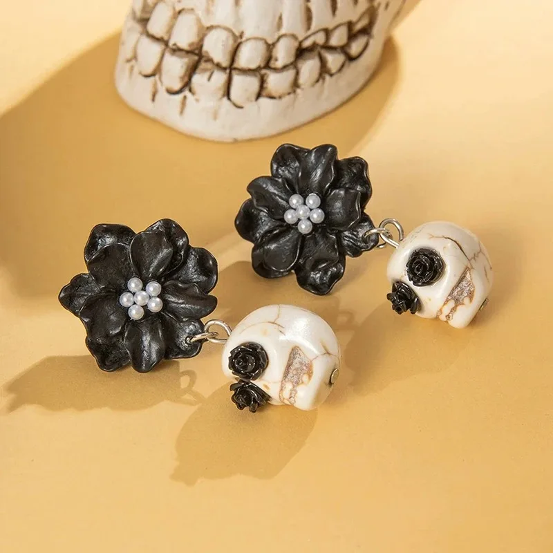 Halloween Punk Gothic Y2K Black Skull Camellia Girls Fun Cosplay Piercing Earrings Holiday Party Gifts Jewelry Accessories
