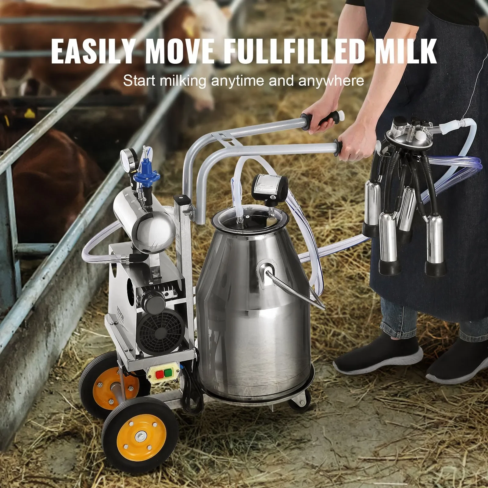 Electric Cow Milking Machine 6.6 Gal / 25 L 304 Stainless Steel Bucket Automatic Pulsation Vacuum Milker