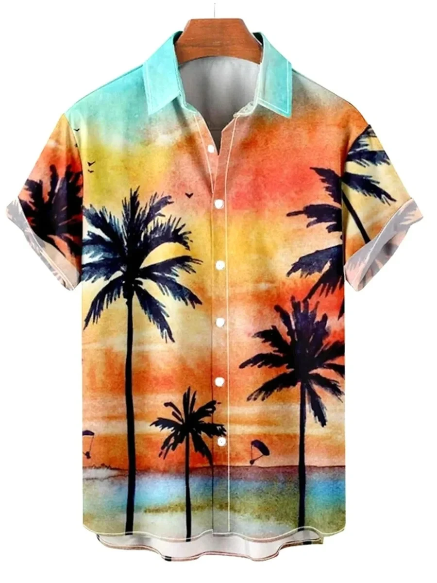 Men Hawaiian Casual shirt Men's beach Short Sleeve Shirts Coconut Tree Pattern Print Casual Seaside Lapel Button Up Shirt Tops 3