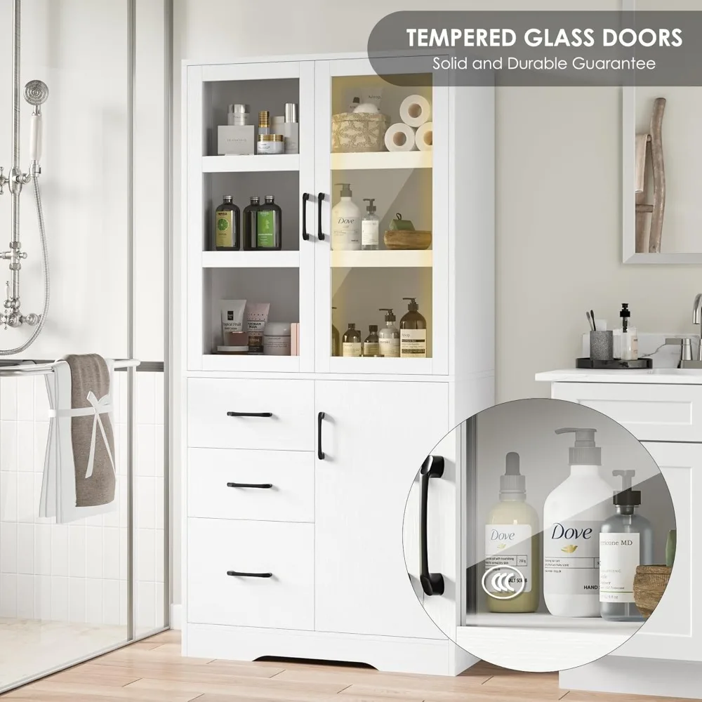 Modern standalone tall bathroom storage cabinet with 2 glass display doors, shelves and drawers, 67 inch H-height cabinet
