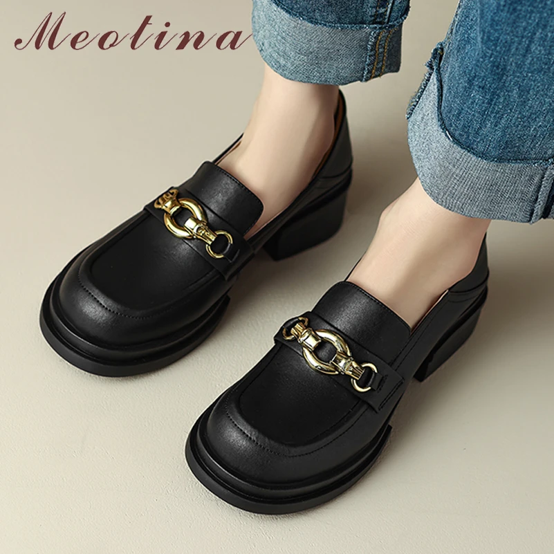 

Meotina Women Genuine Leather Loafers Round Toe Flat Metal Decoration Fashion Ladies Footwear Autumn Spring Brown Black Shoes
