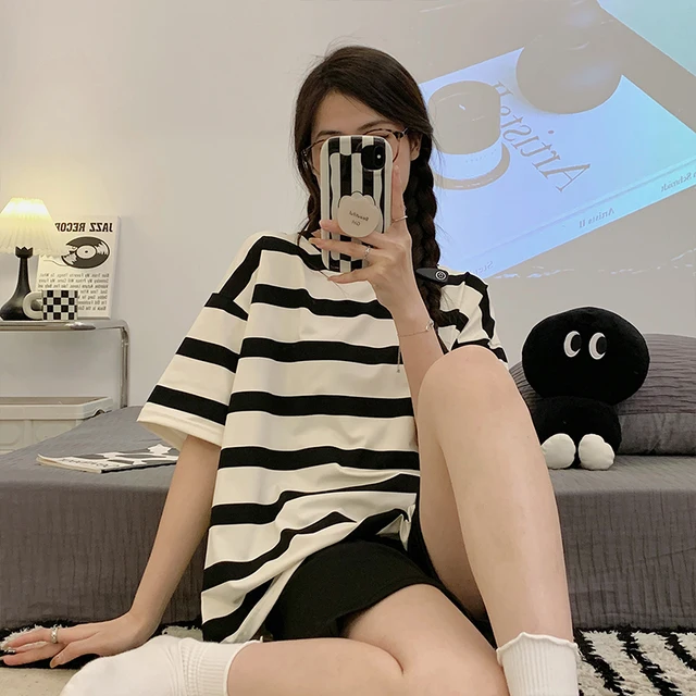 CAIYIER Cute Girls Pajama Set O-Neck Stripe Short Sleeve Shorts Sleepwear Leisure Ladies Elegant Soft Nightwear Pyjama Home Suit