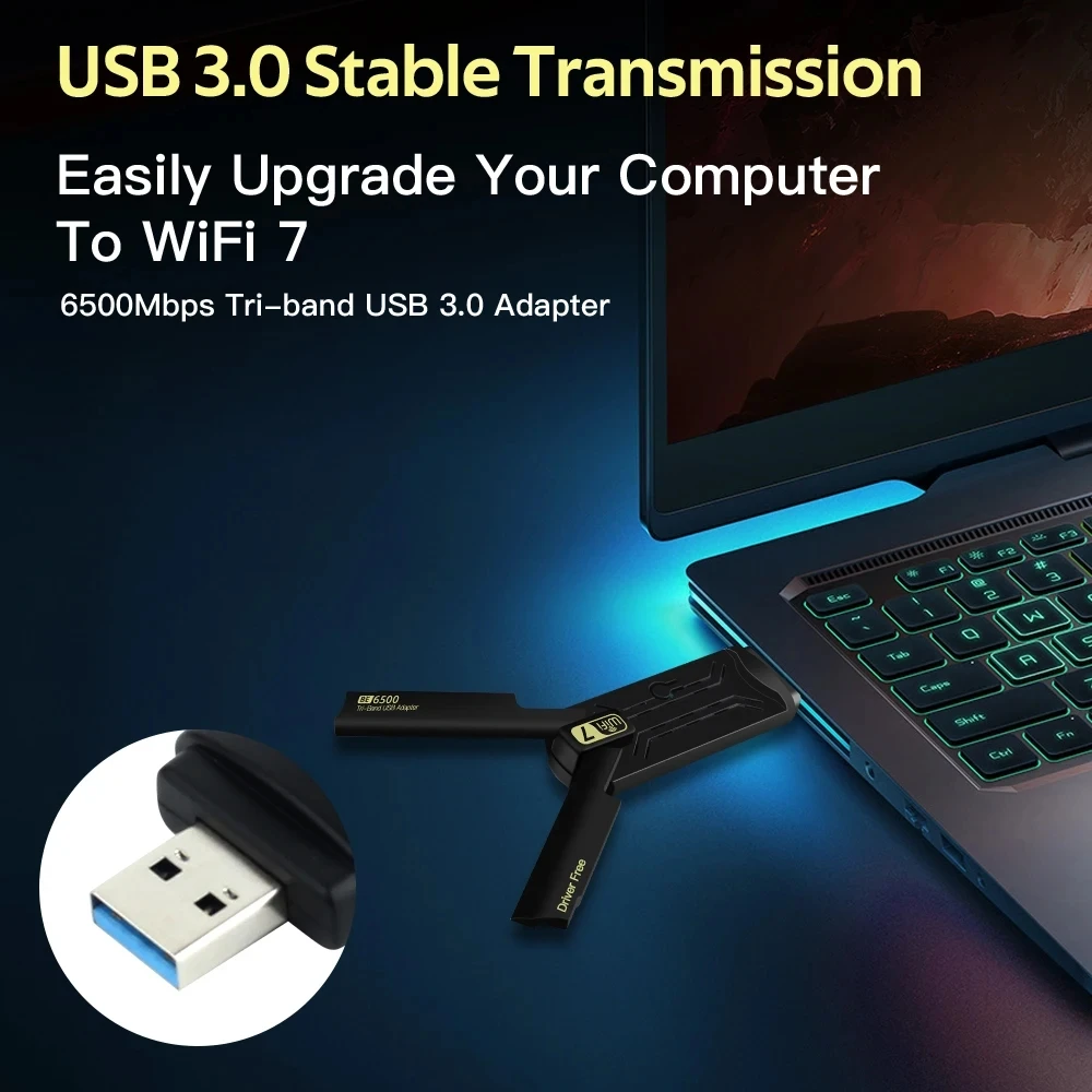 WiFi 7 이더넷 어댑터 6500Mbps USB 3.0 무선 네트워크 카드 트리플 밴드 수신기 PC/노트북용 윈도우 10/11 드라이버 프리