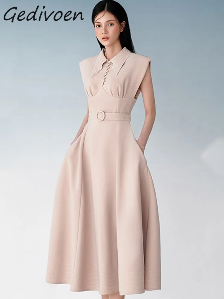 

Осеннее модное дизайнерское розовое винтажное платье Gedivoen, женское длинное приталенное платье с отворотом, вышивкой, пуговицами и поясом