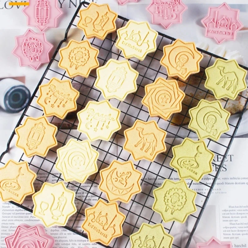 10PCS Eid Mubarak Cookie Stamp with Cutter Star Moon Ramadan Kareem Biscuit Mold Baking Tools Islamic Muslim Party Supplies
