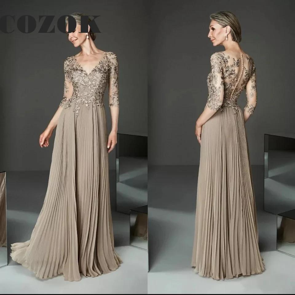 

Chiffon A Line Appliques Lace Mother of the Bride Dresses Long Floor-Length Three Quarter Sleeve Brides Mother Formal Dress SX60