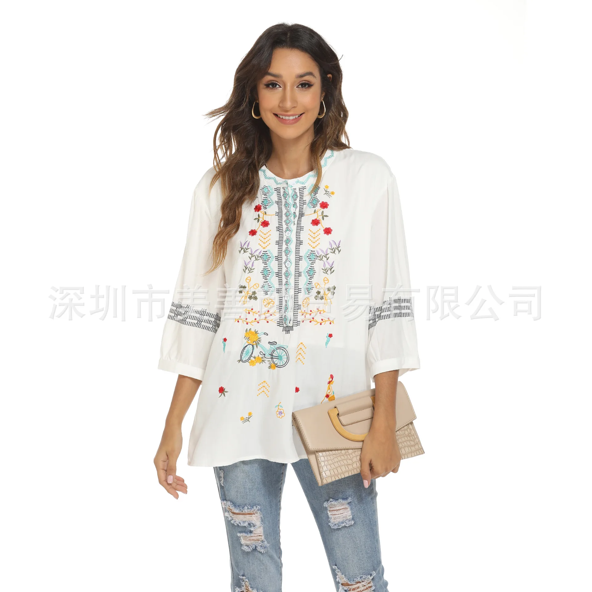

Plus Size Embroidered Floral Blouse Women's Autumn 3/4 Sleeve Shirt Round Neck Loose Elegant Bohemian Tops for Ladies