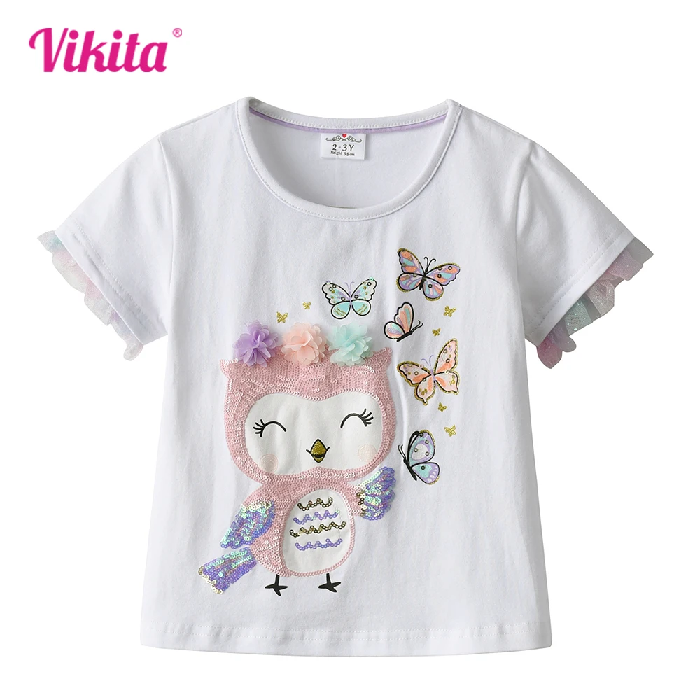 

VIKITA Girls White T Shirts Kids Owl Butterfly Appliqued Cartoon T Shirt Girls Short Sleeve Summer Cotton Casual Tops and Tees