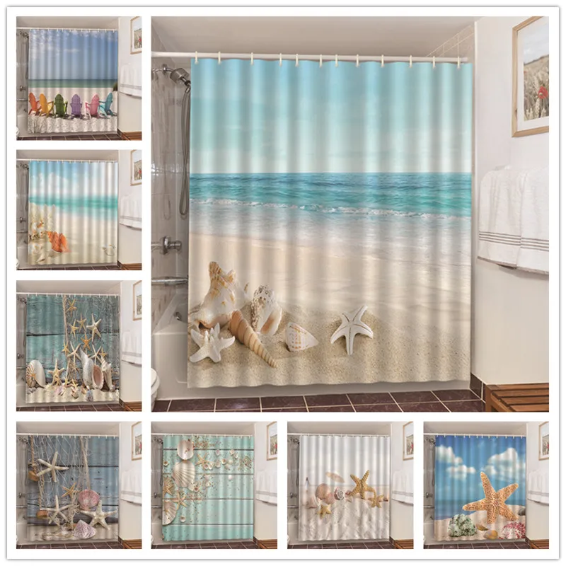 Cortinas de ducha impermeables con estampado de conchas y estrellas de mar,  pantalla opaca para evitar que se pegue, color azul, ideal para puerta de  baño - AliExpress