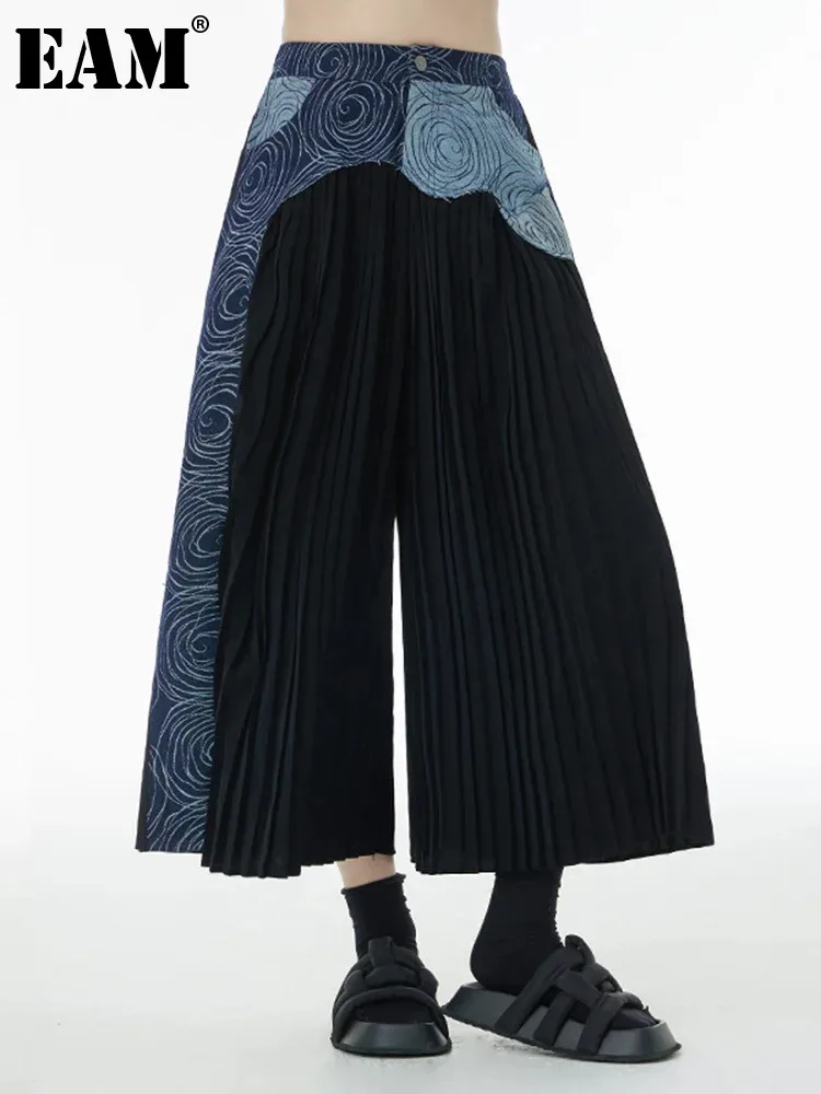 

[EAM] High Elastic Waist Black Denim Pleated Long Wide Leg Pants New Loose Fit Trousers Women Fashion Spring Autumn 2024 1DF5137