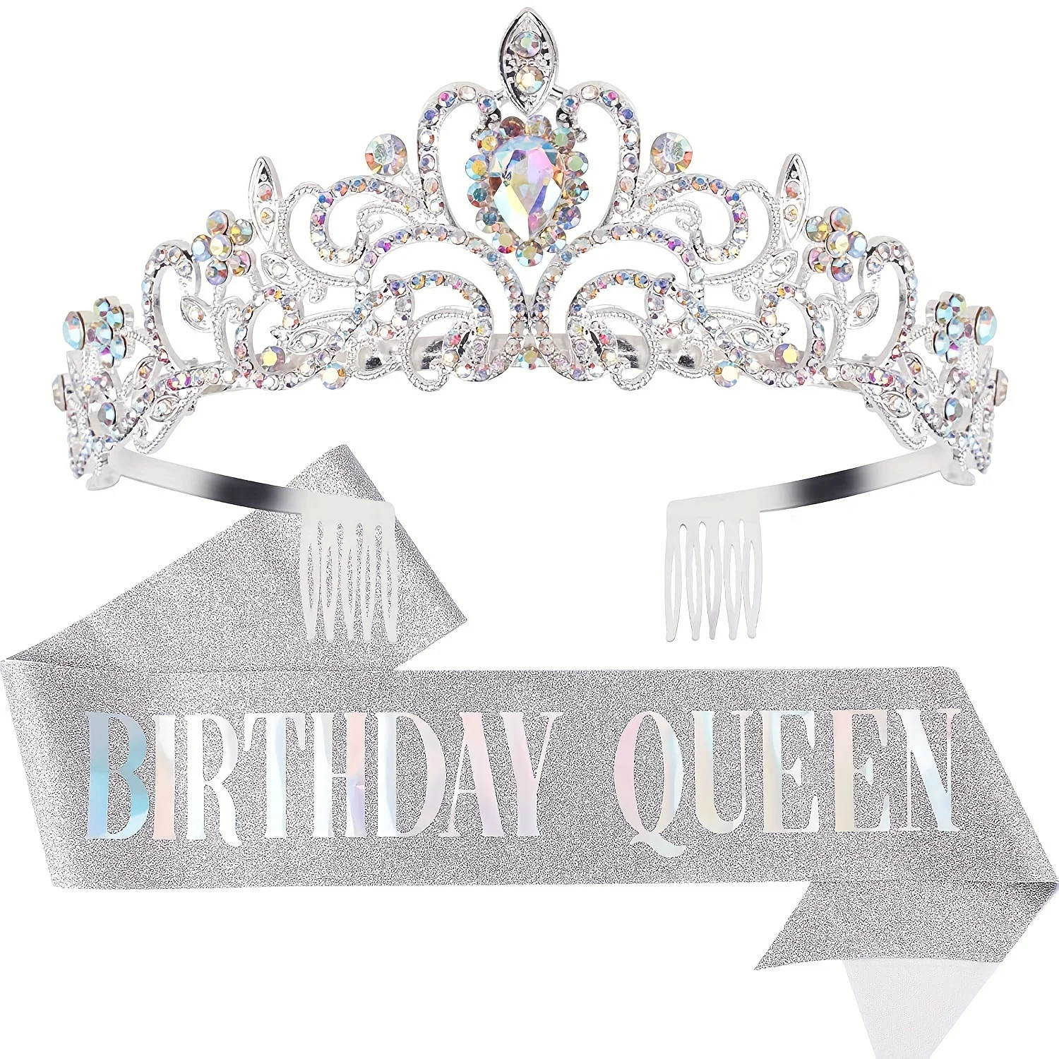 Birthday Crown Bling Rhinestone Crystal Tiara Sash Women Party Decoration Kit