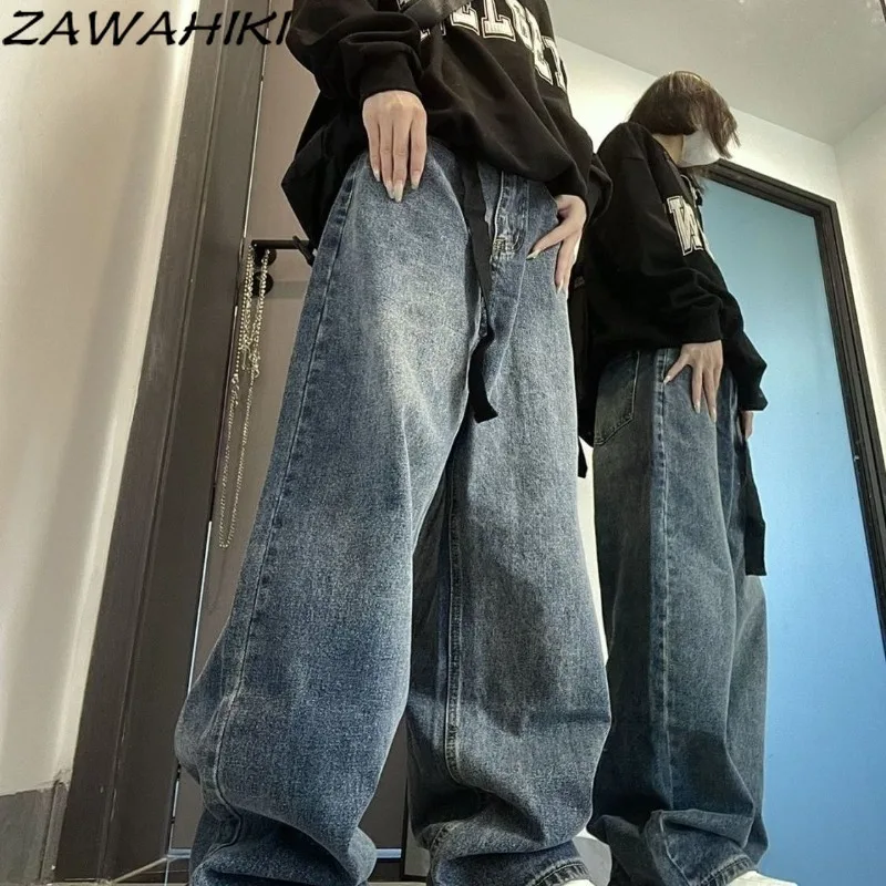 

Vintage Hiphop Blue Loose Wide Leg American Casual Solid Color Jeans Women Fashion Korean Oversize High Street Y2K Pants Mujer