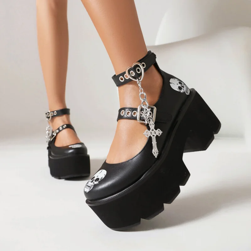 2023 Gothic Cross Chain Detachable Skull Platform Platform Shoes Lolita Small Leather Shoes Mary Jane K9881