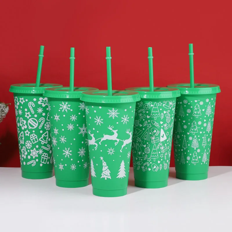 5Pack 24oz Christmas Plastic Cup with Lids Straws Reusable Christmas Juice Coffee Drinking Cups 2026 New Year Gifts Xmas Navidad