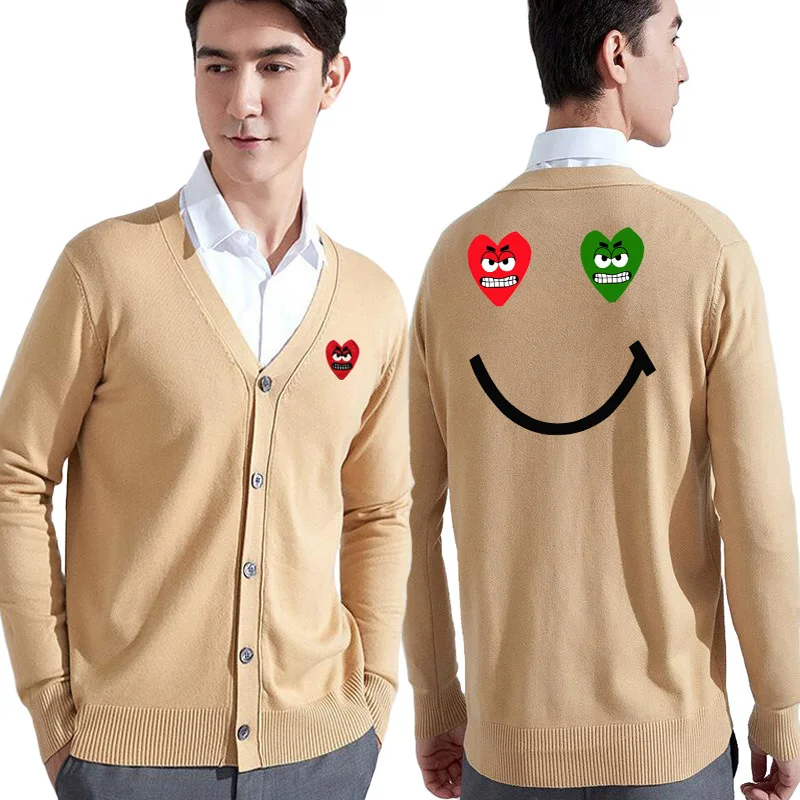 

Men Spring Autumn Sweater Cardigan V-Neck Bare Tooth Embroidery Smiley Face Print Cotton Single Breasted Long Sleeve Cardigan