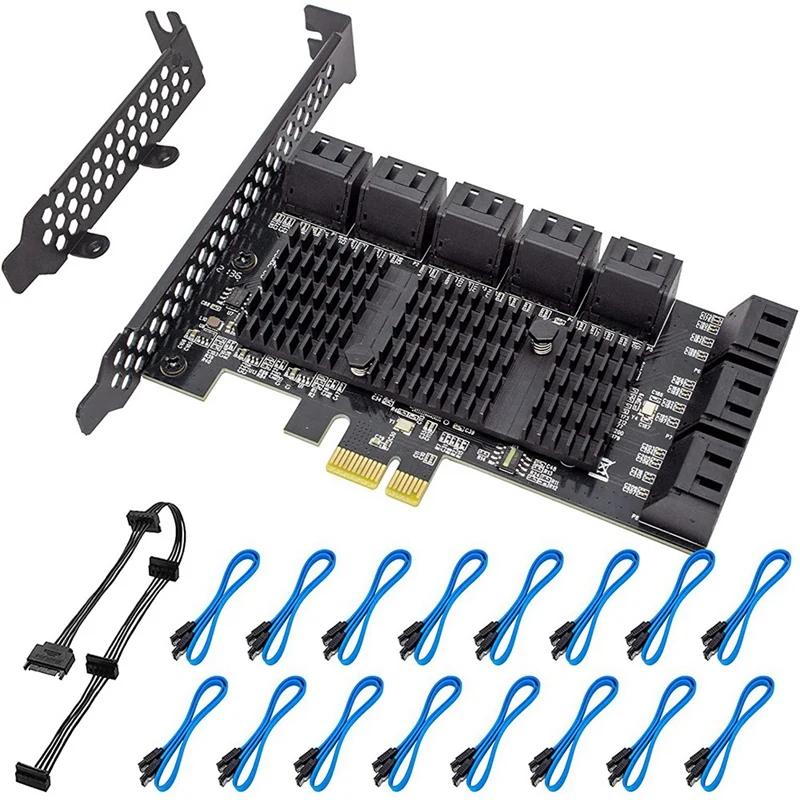 

PCIE SATA карта 16 портов с 16-дюймовым кабелем SATA, 6 Гбит/с SATA 3,0 контроллер PCI Express Расширительная карта с низкопрофильным кронштейном