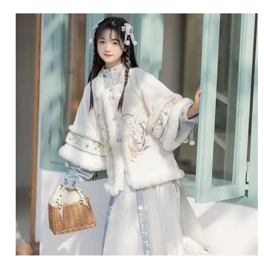 

2023 Winter Hanfu Women Three-piece Tang Ming Dynasty Top Pleated Skirt Cute Fairy Gril Lady Chinese Traditional Antique Suit