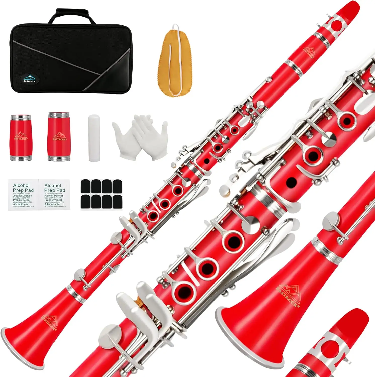 Clarinet Bb Flat 17 Nickel Keys Red Student Clarinet for Beginner with 2 Barrels Hard Case and Cleaning Kit.