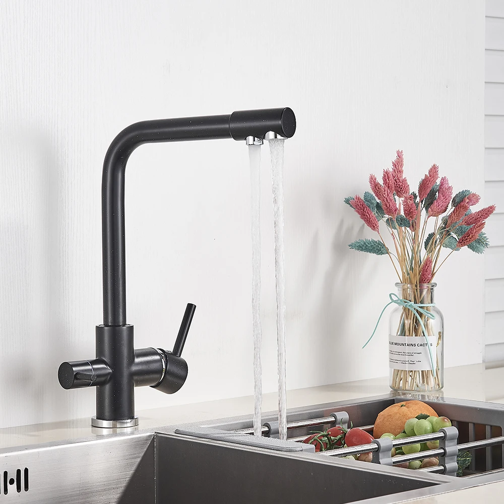 Matte Black Brass Pure Water Kitchen Faucet Dual Handle Hot and Cold Drinking Water 3-way Filter Kitchen Purified Mixer Taps double bowl kitchen sink