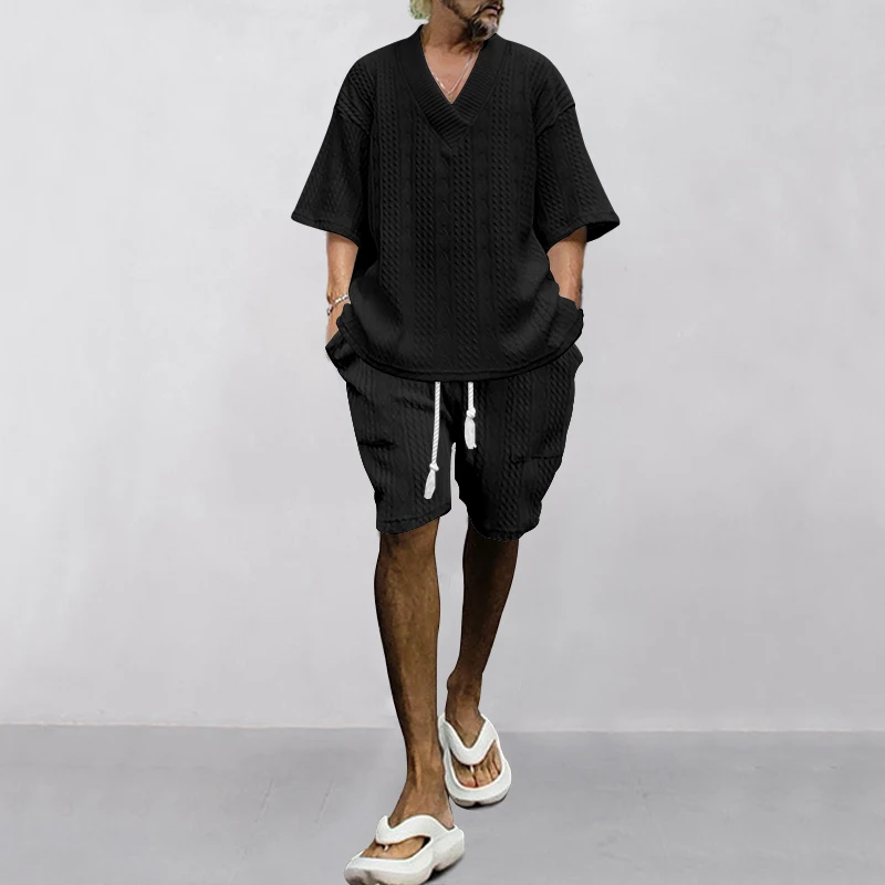 Casual jacquard suit men's summer loose short sleeve T-shirt shorts V-neck sports suit two-piece set