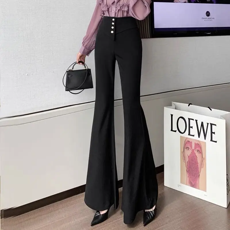 Women Draped Suit Big Flare Long Pants Lady Office Business Work Formal Trousers Buttons Plus Size High Street Korea Fashion