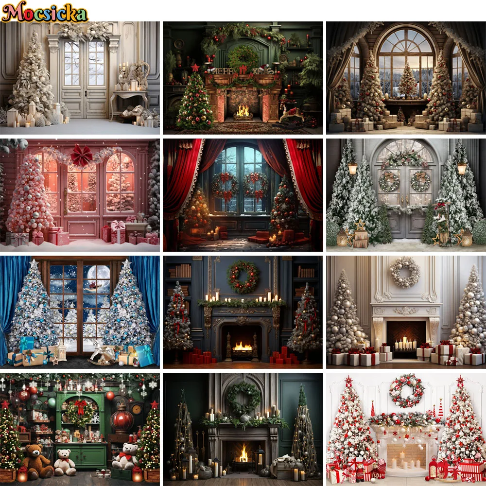 

Photography Background Winter Snow Christmas Tree Fireplace Window Xmas Decor Props Kids Family Portrait Backdrops Photo Studio