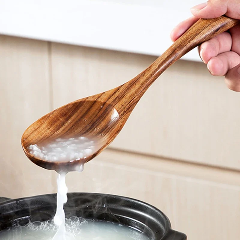 1Pc Wooden Salad Spoon Fork Natural Wood Kitchen Spoon Soup Ladle Long Handle Large Serving Set Salad Server Wood Utensils