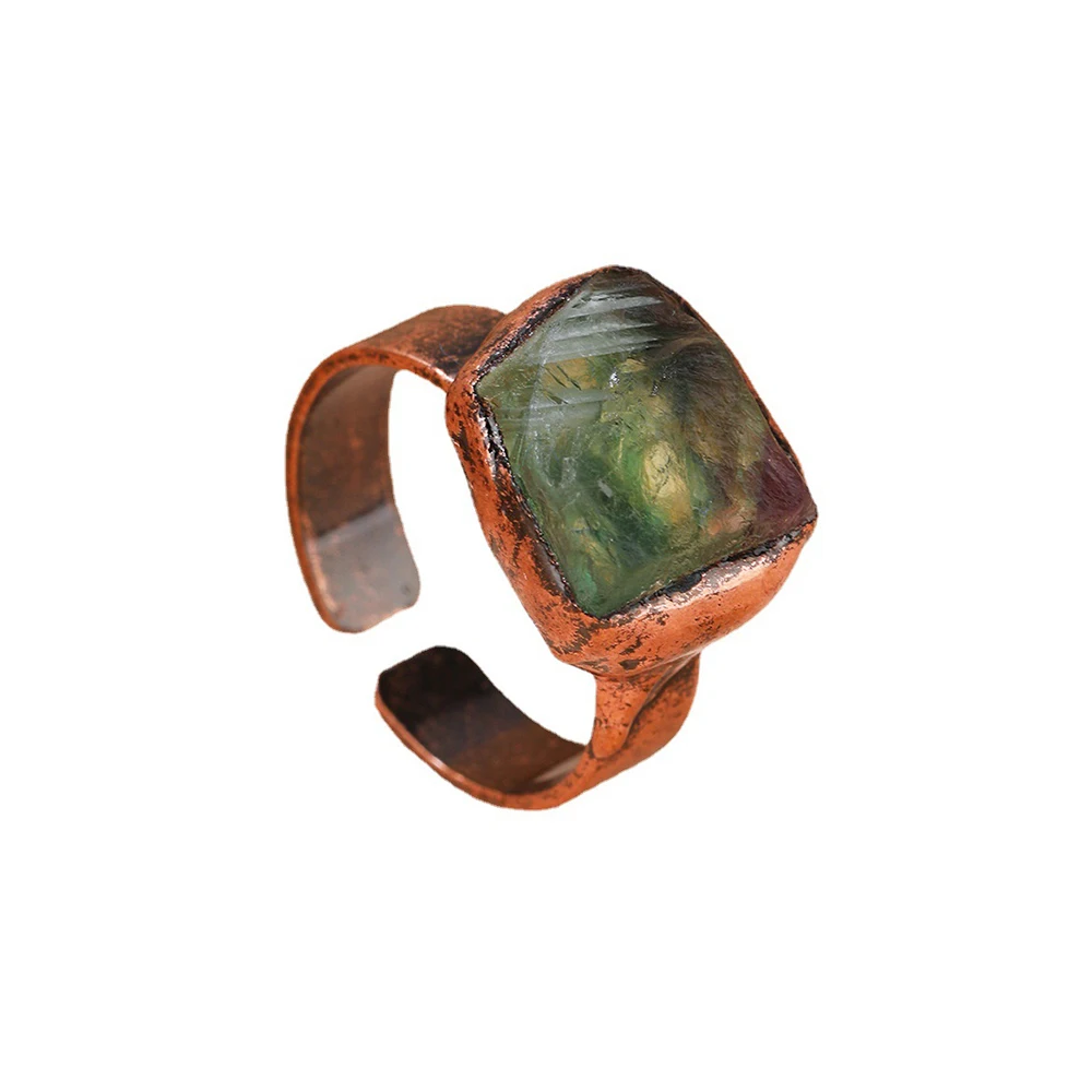 Natural Green Fluorite Raw Stone Vintage Adjustable Ring Antique Copper Electroplating Boho Unique Jewelry Women's Party Gifts 5
