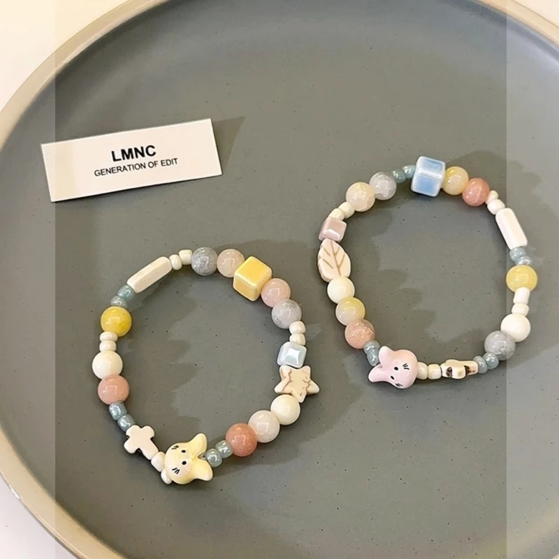 Ceramic Bead Elastic Bracelets Delicate Cute Rabbit Handchain Charming Jewelry Sweet Round Square Bead Bracelets Jewelry