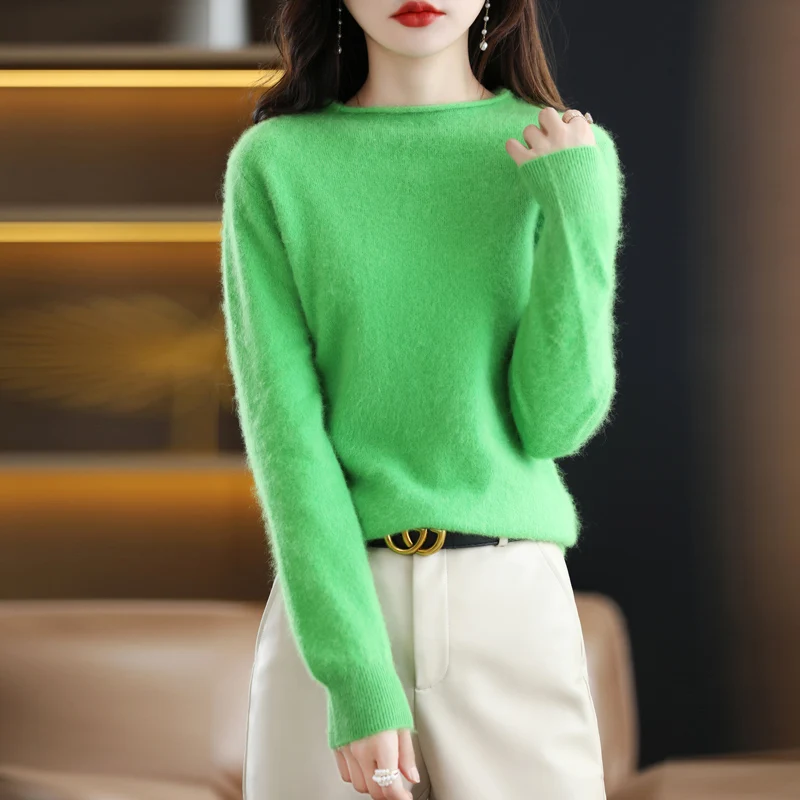 

2023New 100% Pure Cashmere Sweater Women's Crew Neck Curly Loose Autumn Winter Fashion Solid Color Casual Warm Knitted Undercoat