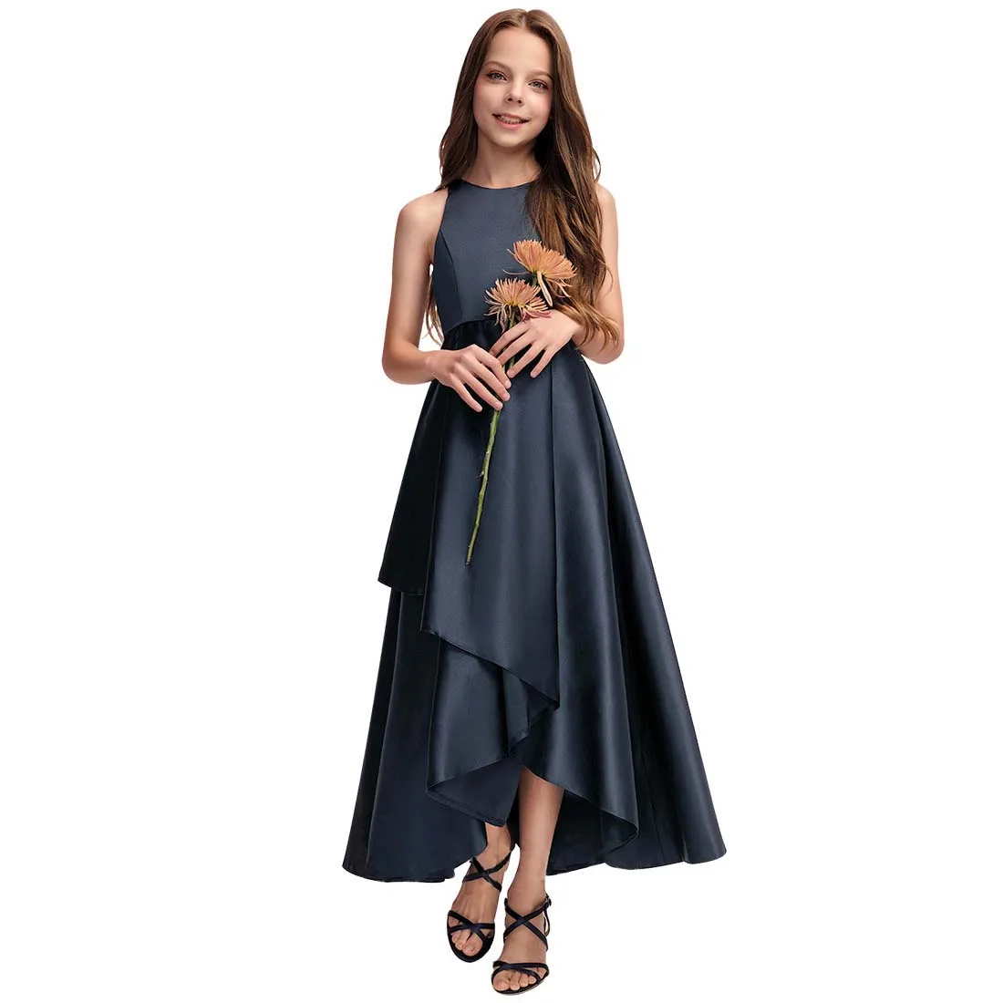 

YZYmanualroom Flower Girl Dress Junior Bridesmaid Dress A-line Scoop Asymmetrical Satin With Cascading Ruffle 2-15T