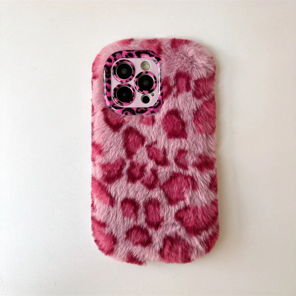 Chic Leopard Fluffy Fur Case with Kickstand and Camera Protection Frame