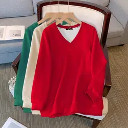 150Kg Plus Size Women's Bust 157 Autumn Spring Loose Solid Casual V-Neck Top Long Sleeve Sweatshirt 6XL 7XL 8XL 9XL 10XL